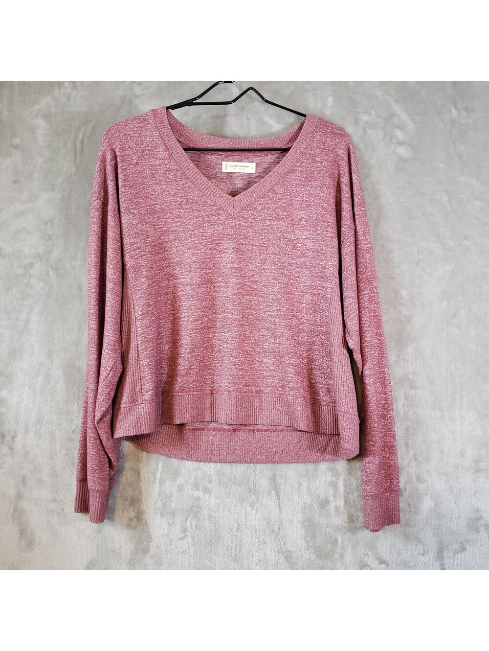 Lucky Brand Women's Knit Pullover Sweater Pink Heathered V-Neck Long Sleeve M